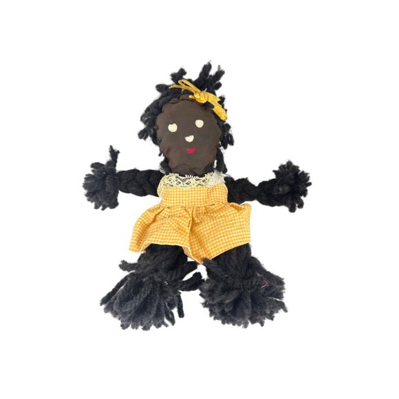 Handmade Vintage Yarn Rag Doll With Yellow Gingham Skirt & Bow 8 Inches Tall Sof - Picture 1 of 6